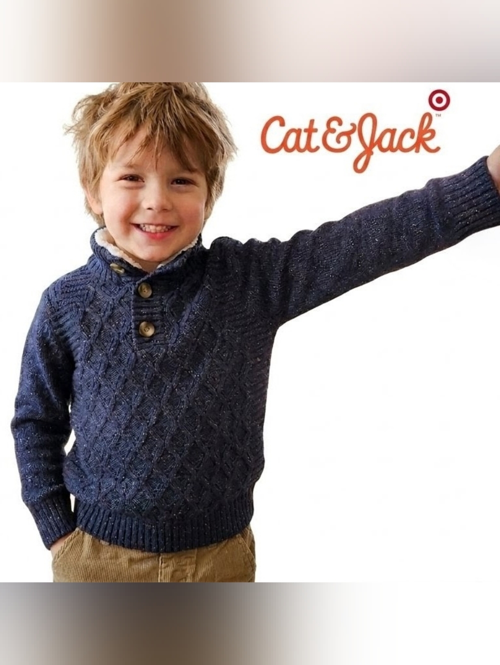 Cat & Jack Navy Cable Knit Pullover with Button Placket Size 4T-5T